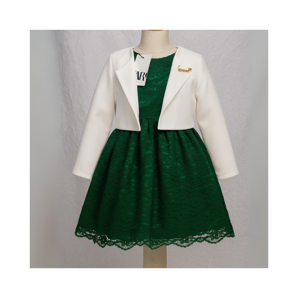 Robe verte en dentelle avec veste blanche pour fille Robe verte en dentelle avec veste blanche pour fille