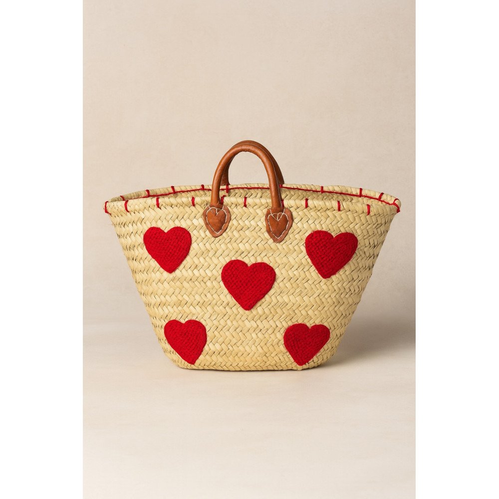 Panier en doum brodé de cœurs rouges Panier en doum brodé de cœurs rouges